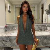 Green Halter Deep V Neck Backless Knitted Women Party Sexy Dress