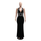 Black Deep V Neck Velvet Diamonds Backless Elegant Women Evening Formal Maxi Dress