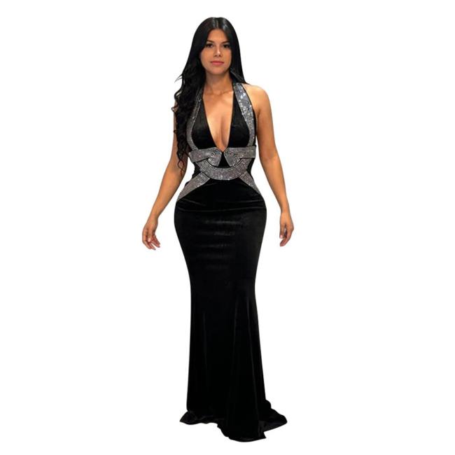Black Deep V Neck Velvet Diamonds Backless Elegant Women Evening Formal Maxi Dress