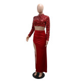 Red Sequins Long Sleeve Crop Tops Velvet High Split Pleated Evening Maxi Dress