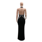 Black Deep V Neck Velvet Diamonds Backless Elegant Women Evening Formal Maxi Dress