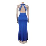 Blue Rhinestones Halter Tassels Bodycon Pleated Women Party Split Long Dress