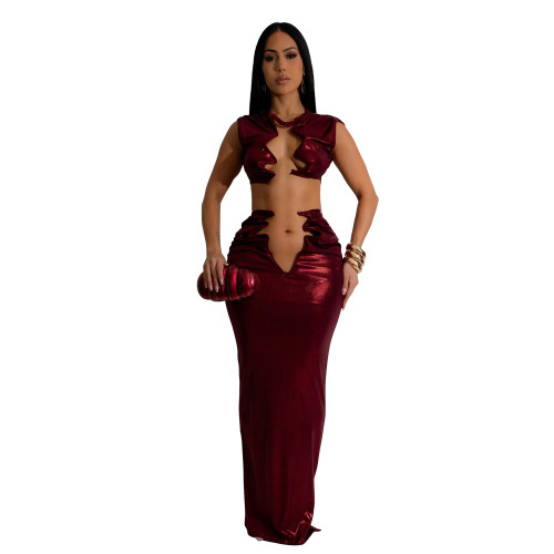 Red Sleeveless Two Pieces Crop Tops Gilding Sexy Party Evening Dress