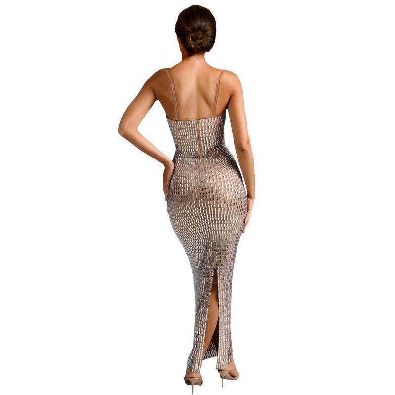 Beige Strapless Off the Shoulder Diamonds Luxury Fashion Women Midi Dress