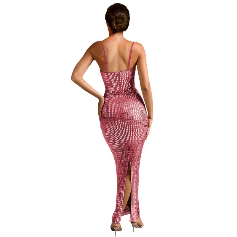 Pink Strapless Off the Shoulder Diamonds Luxury Fashion Women Midi Dress