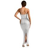 White Strapless Off the Shoulder Diamonds Luxury Fashion Women Midi Dress