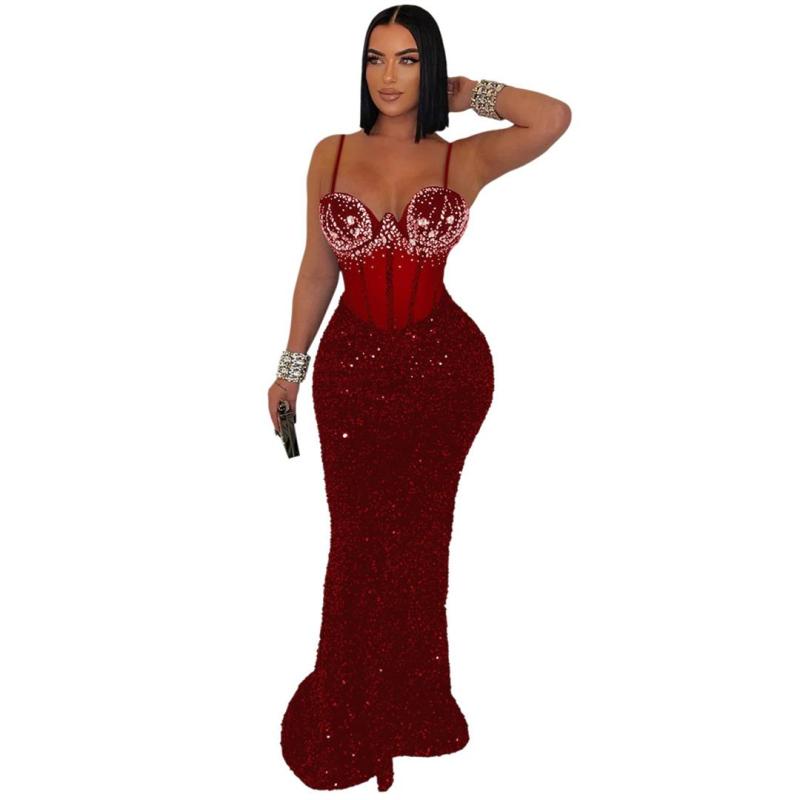 Red Straps Low Cut V Neck Diamonds Mesh Sexy Elegant Sequin Prom Formal Dress