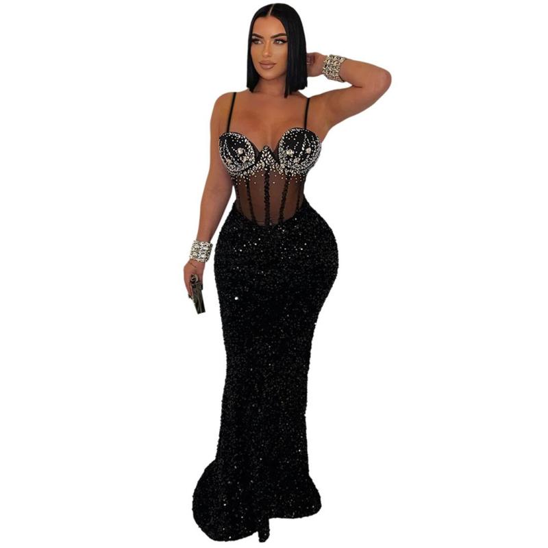 Black Straps Low Cut V Neck Diamonds Mesh Sexy Elegant Sequin Prom Formal Dress