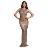 Beige Sleeveless Elegant Diamonds Bodycon Prom Formal Maxi Dress