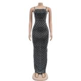 Black Strapless Off the Shoulder Diamonds Luxury Fashion Women Midi Dress