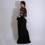 Black Mesh Long Sleeve Elegant Diamonds High Split Evening Club Long Dress