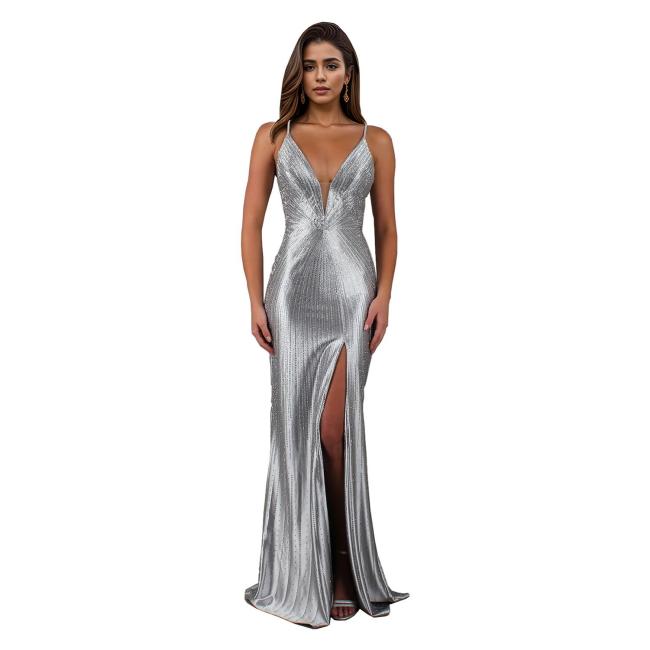 Silver Deep V Neck Straps Rhinestones Elegant Evening Gilding Prom Party Formal Long Dress