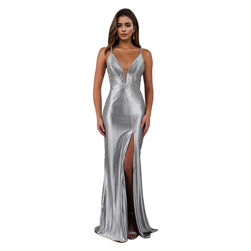 Silver Deep V Neck Straps Rhinestones Elegant Evening Gilding Prom Party Formal Long Dress