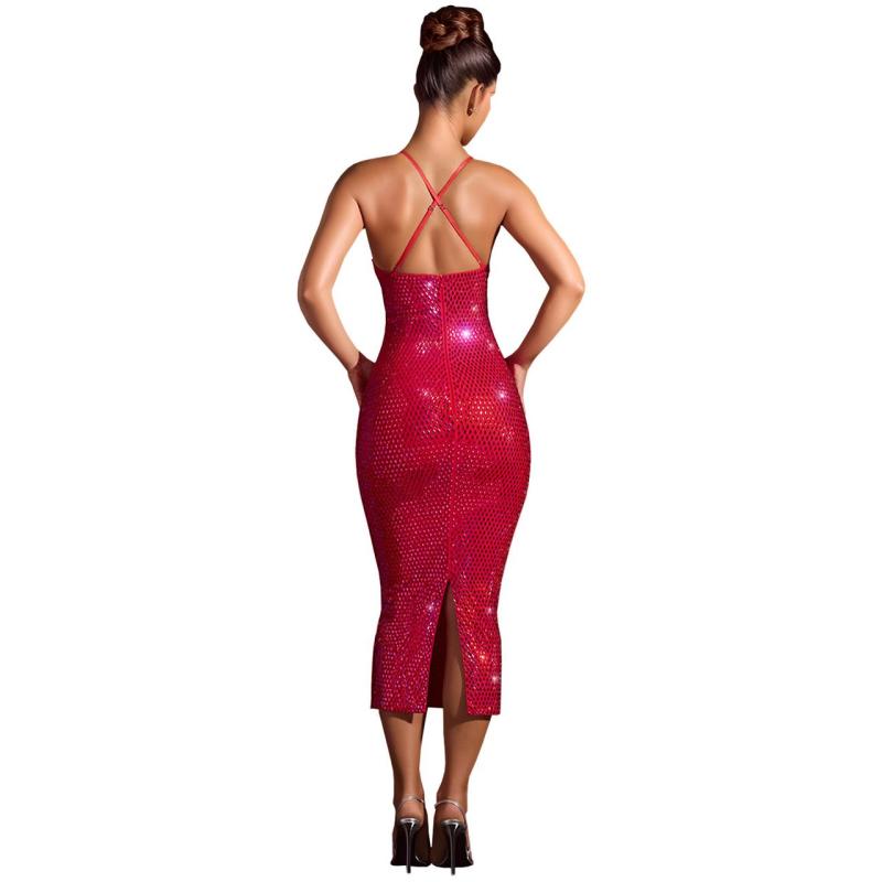 Red Halter Deep V Neck Diamonds Slim Fit Sexy Luxury Club Midi Dress