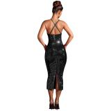 Black Halter Deep V Neck Diamonds Slim Fit Sexy Luxury Club Midi Dress