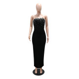 Black Off Shoulder Diamonds Velvet Bodycon Sexy Midi Dress