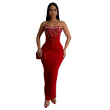 Red Off Shoulder Diamonds Velvet Bodycon Sexy Midi Dress