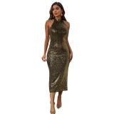 Silver Sleeveless Halter Sequins Bodycon Party Midi Sexy Dress