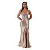 Gold Deep V Neck Straps Rhinestones Elegant Evening Gilding Prom Party Formal Long Dress
