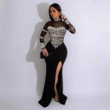 Black Mesh Long Sleeve Elegant Diamonds High Split Evening Club Long Dress