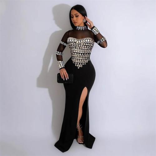 Black Mesh Long Sleeve Elegant Diamonds High Split Evening Club Long Dress