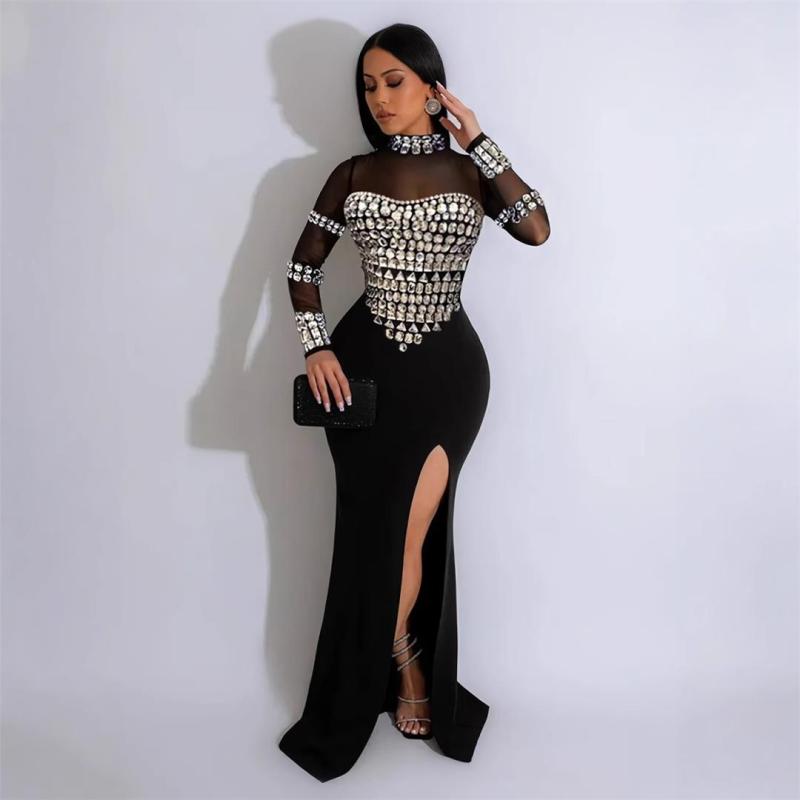 Black Mesh Long Sleeve Elegant Diamonds High Split Evening Club Long Dress
