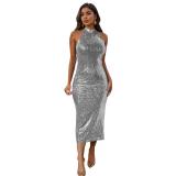 Silver Sleeveless Halter Sequins Bodycon Party Midi Sexy Dress