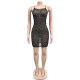 Black Straps Off Shoulder Diamonds Mesh See Through Sexy Party Dress