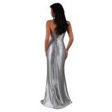 Silver Deep V Neck Straps Rhinestones Elegant Evening Gilding Prom Party Formal Long Dress