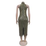 Silver Sleeveless Halter Sequins Bodycon Party Midi Sexy Dress