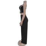 Black Fashion Women's Zip Decorative Button Solid Color Sleeveless Slim-Fit Long Pants