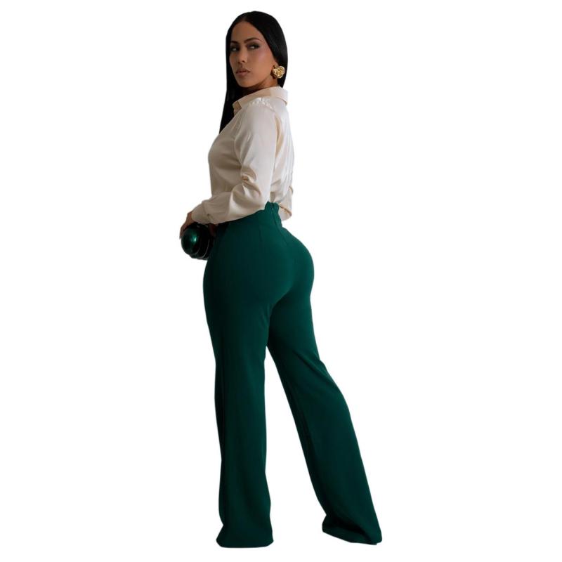 Green Fashion Women's Zip Decorative Button Solid Color Sleeveless Slim-Fit Long Pants