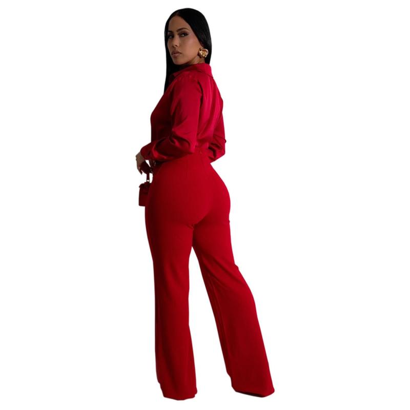 Red Fashion Women's Zip Decorative Button Solid Color Sleeveless Slim-Fit Long Pants