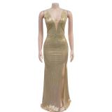 Gold Deep V Neck Straps Rhinestones Elegant Evening Gilding Prom Party Formal Long Dress