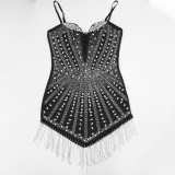 Black Straps V Neck Sexy Diamonds Tassels Bodycon Mini Dress