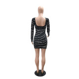 Black Long Sleeve Rhinestone Pearls Bodycon Women Mini Club Dress
