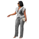 White Casual Leopard Print Sequin Two-Piece Set with Sleeveless Top Slim Fit Pants for Women