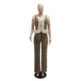 Khaki Casual Leopard Print Sequin Two-Piece Set with Sleeveless Top Slim Fit Pants for Women