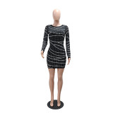 Black Long Sleeve Rhinestone Pearls Bodycon Women Mini Club Dress