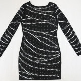 Black Long Sleeve Rhinestone Pearls Bodycon Women Mini Club Dress