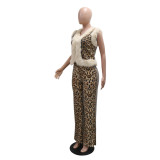 Khaki Casual Leopard Print Sequin Two-Piece Set with Sleeveless Top Slim Fit Pants for Women
