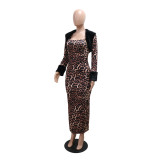 Black Long Sleeve Printed Leopards Split Club Elegant Midi Dress