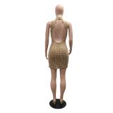 Black Halter Deep V Neck Diamonds Mesh Backless Sexy Slit Bodycon Party Dress