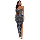 Black Straps Low Cut Diamonds Mesh See Through Party Evening Dress