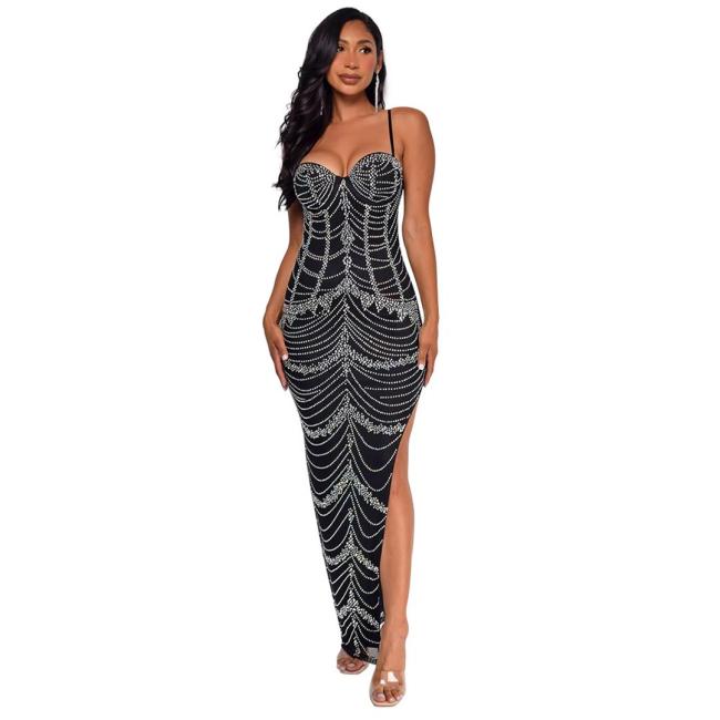 Black Straps Low Cut Diamonds Mesh See Through Party Evening Dress