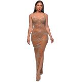 Khaki Straps Low Cut Diamonds Mesh See Through Party Evening Dress