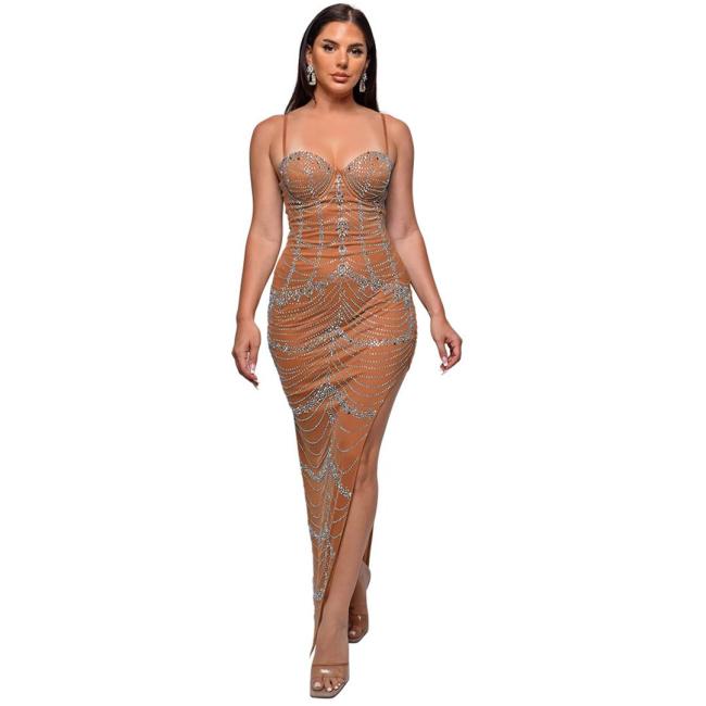 Khaki Straps Low Cut Diamonds Mesh See Through Party Evening Dress