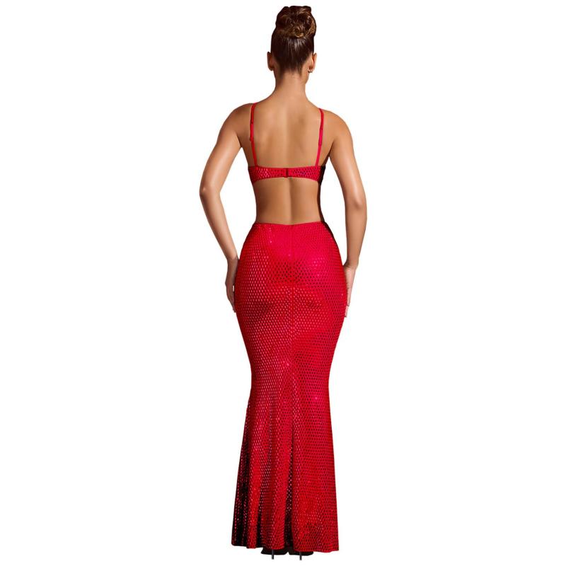 Red Sexy Low Cut Off-the-Shoulder Dress with Rhinestones Slim-Fit Elegant