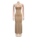 Beige Sexy Low Cut Off-the-Shoulder Dress with Rhinestones Slim-Fit Elegant