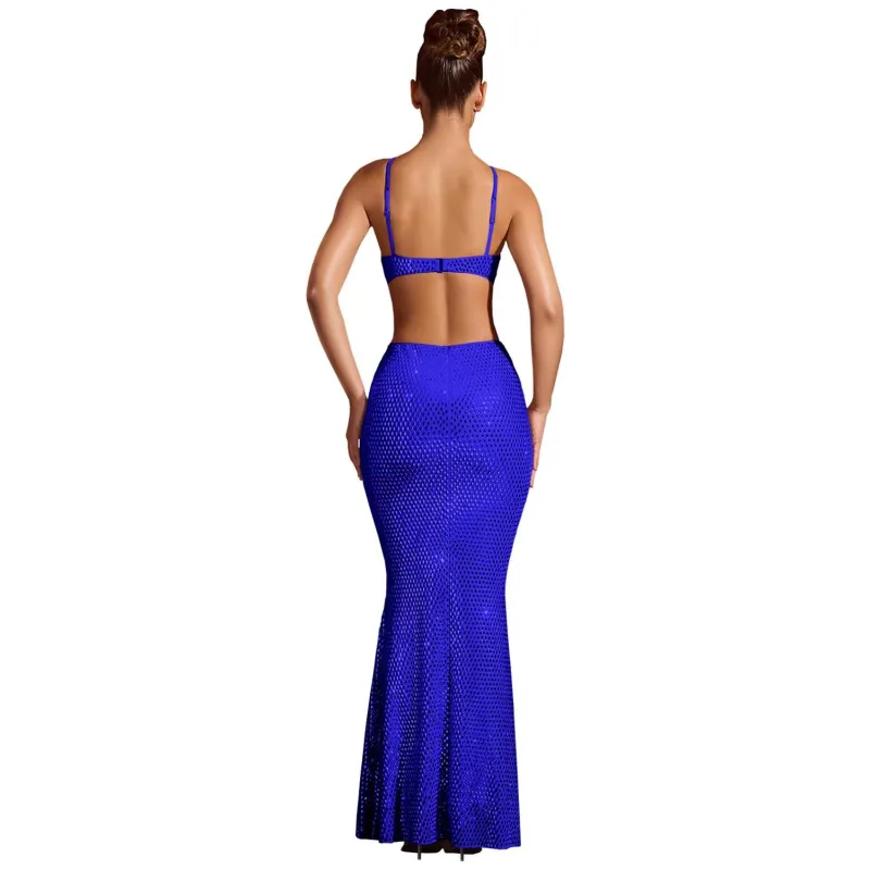 Black Sexy Low Cut Off-the-Shoulder Dress with Rhinestones Slim-Fit Elegant